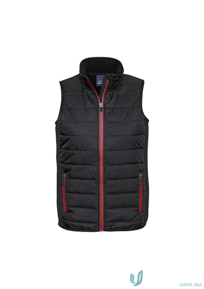 Men’s stealth vest with core warm polyfil insulation and black quilted fabric with red zipper