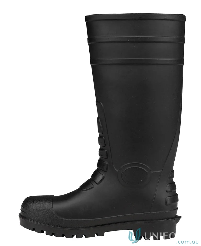 Black rubber work boot with steel toe cap and food grade safety features