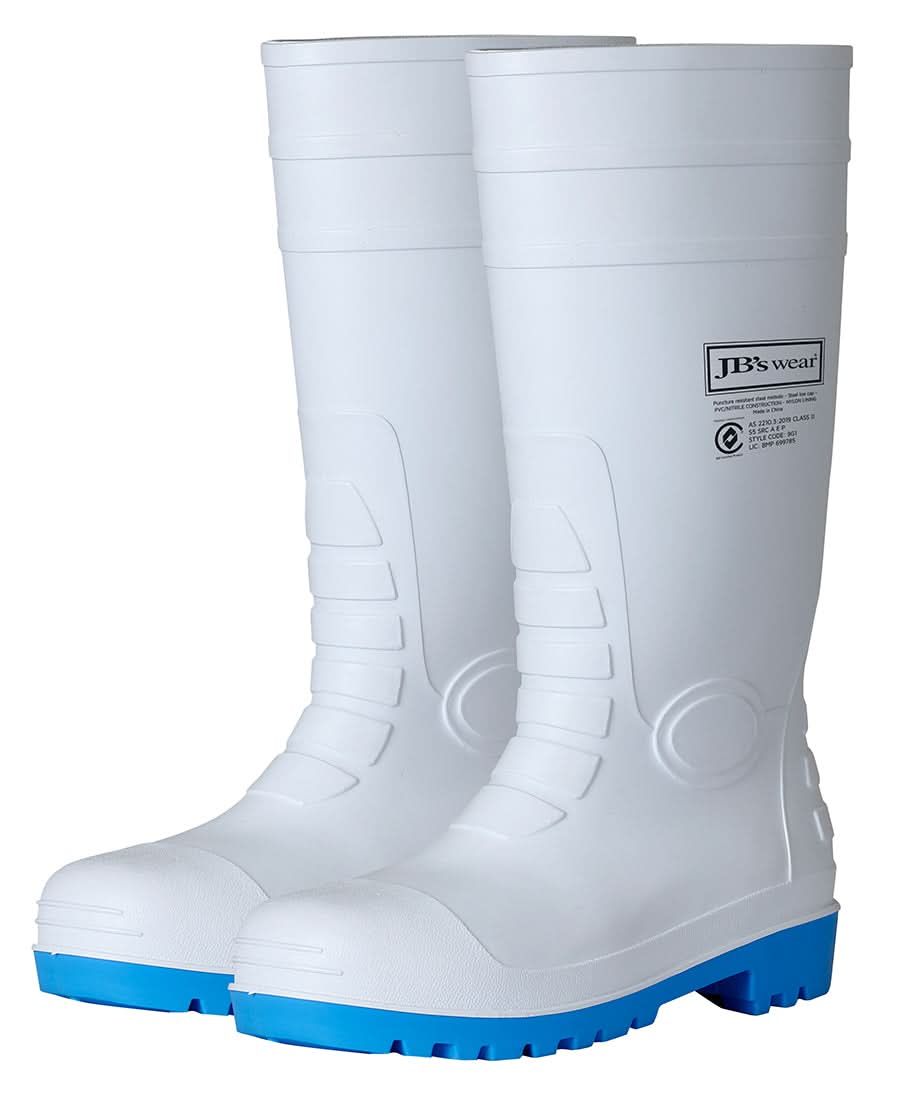 White waterproof work boots with blue soles featuring steel toe cap and resistant steel
