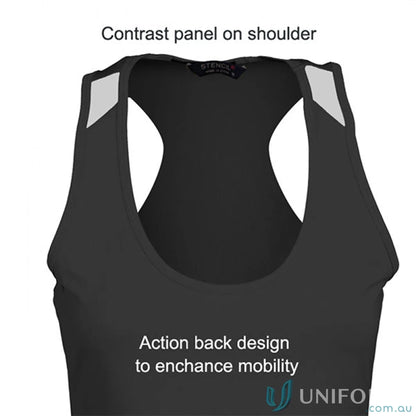 Black racerback sports bra from Stencil Ladies Team Singlet, perfect for team uniforms