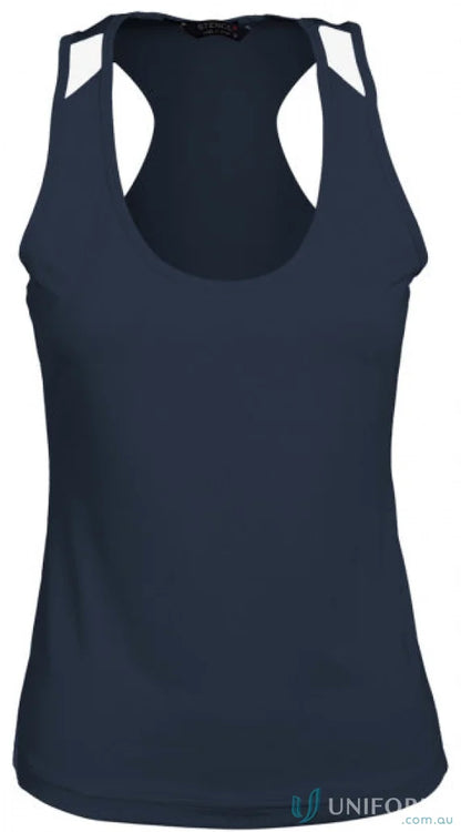 Navy blue ladies racerback tank top with white shoulder accents from Stencil Ladies Team Singlet