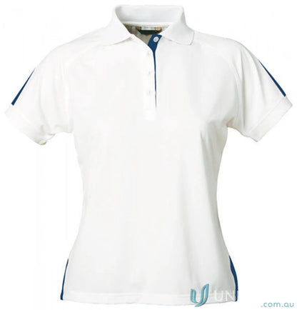 White polo shirt with blue trim from Stencil Ladies Team SS Polo, perfect for cool dry uniforms or workwear