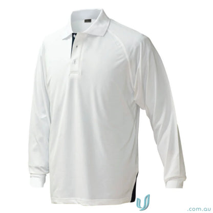 White long sleeve Stencil Team LS Polo with black inner placket and side vents