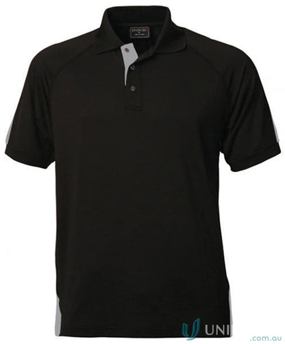 Black polo shirt with gray accents from Stencil Team SS Polo, perfect for cool dry® uniforms
