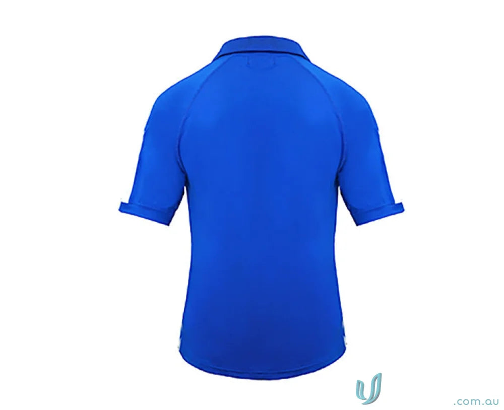 Blue short-sleeved polo shirt from Stencil Team SS Polo, perfect for cool dry® uniforms or workwear