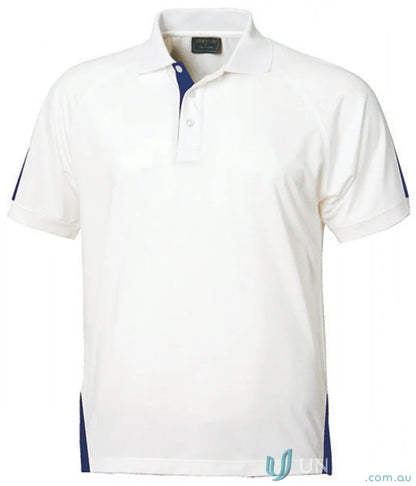 White polo shirt with blue trim from Stencil Team SS Polo, ideal for cool dry® workwear uniforms