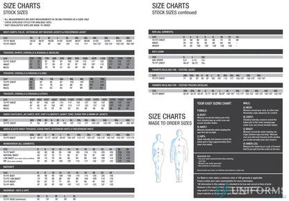Size chart for STEWARDS Chef Drawstring Cargo Pants workwear uniforms easy fit