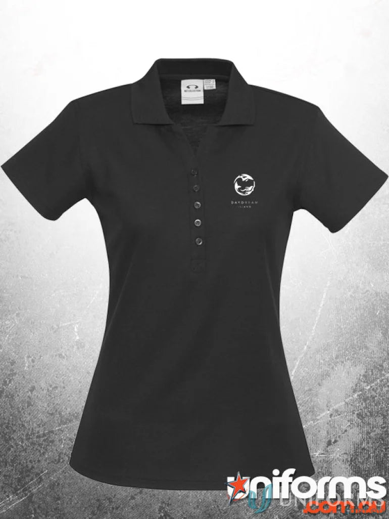 Black women’s polo shirt from STEWARDS Ladies workwear collection, perfect for uniforms