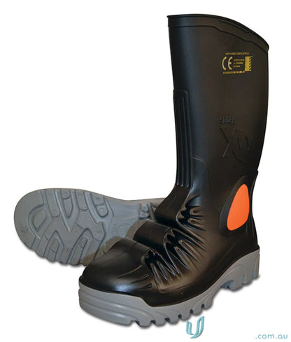 Black rubber work boots with metatarsal protection for workwear and uniforms