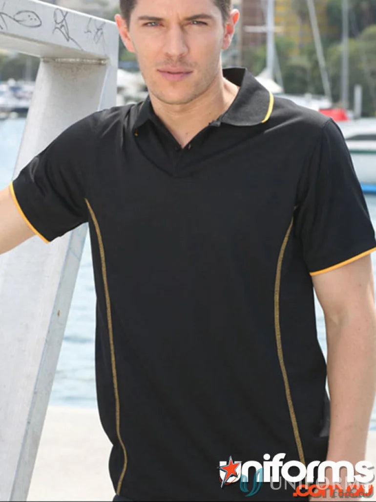 Stitch Polo black polo shirt with gold trim, perfect for uniforms and casual wear
