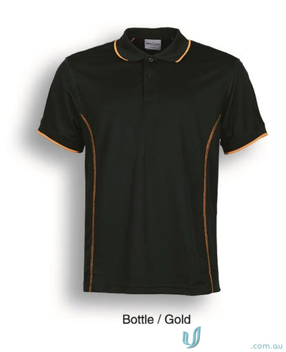 Black polo shirt with gold trim from Stitch Polo uniforms, sporty and stylish look
