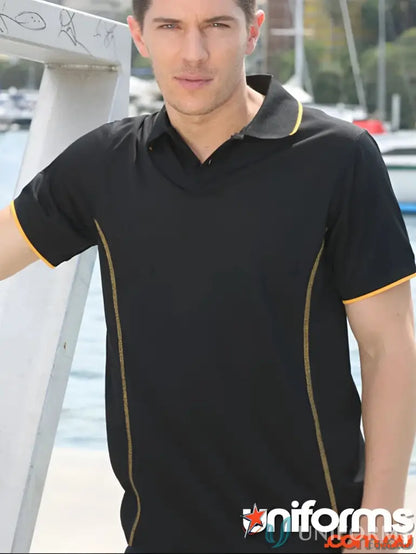 Stitch Polo black polo shirt with gold trim, perfect for uniforms and casual wear