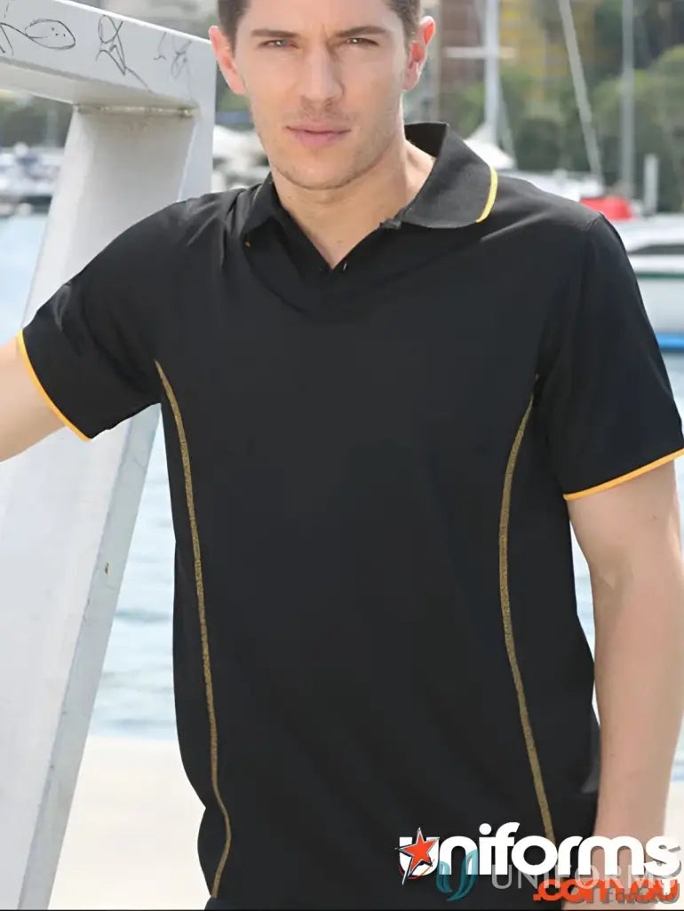 Stitch Polo black polo shirt with gold trim, perfect for uniforms and casual wear