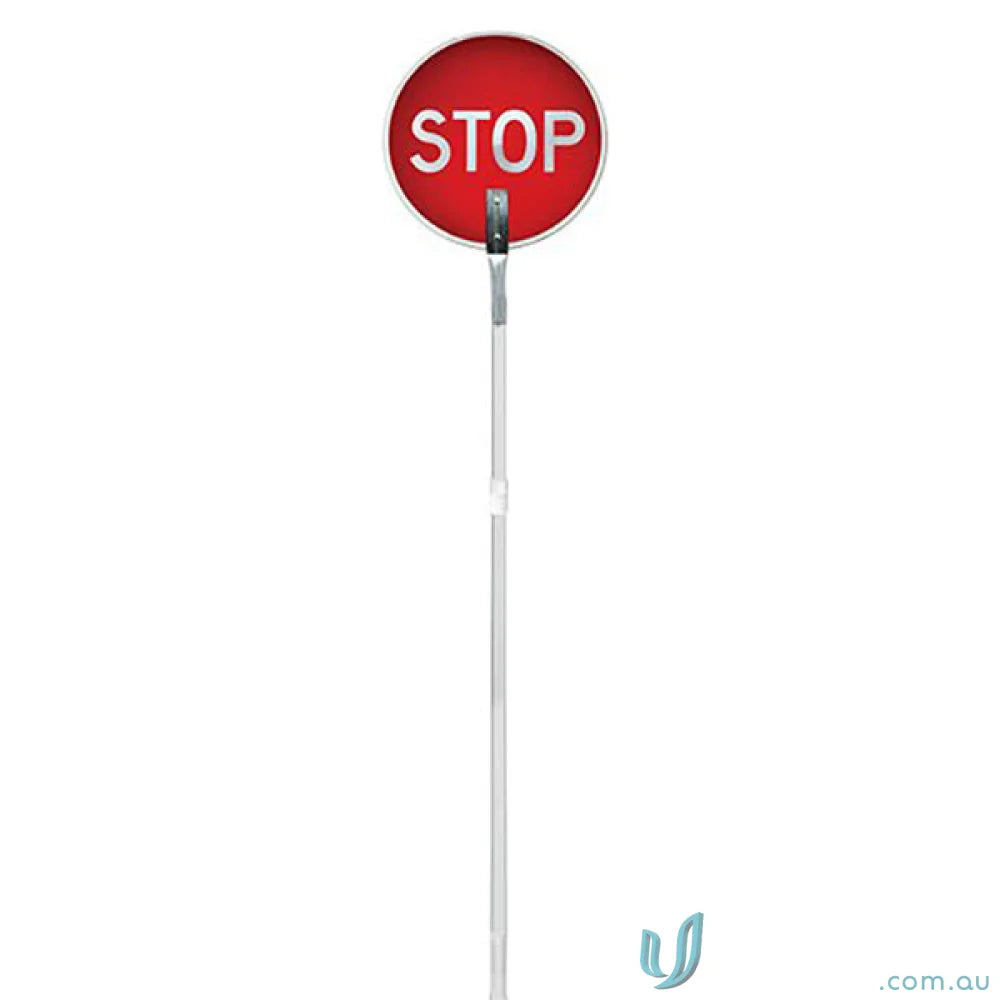 Red stop sign on extendable aluminium handle for safety and easy visibility