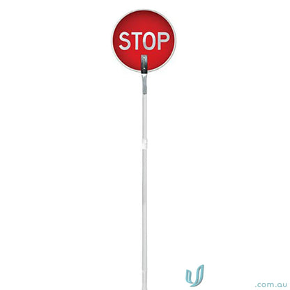 Red stop sign on extendable aluminium handle for safety and easy visibility
