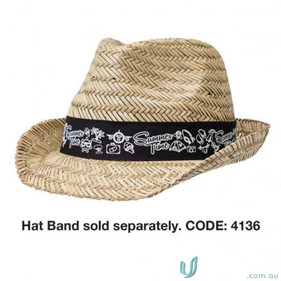 Woven straw Fedora hat with stylish patterned band, perfect for uniforms, band sold separately