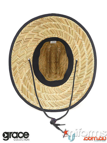 Straw Hat with black trim and chin strap perfect for uniforms, minimum order available