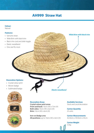 Natural straw hat with black trim ideal for uniforms, no minimum order required