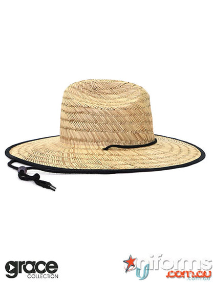 Straw Hat with black trim perfect for summer wear and uniforms, minimum order available