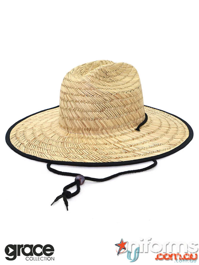 Straw Hat with black trim and chin strap for stylish uniforms and minimum order needs