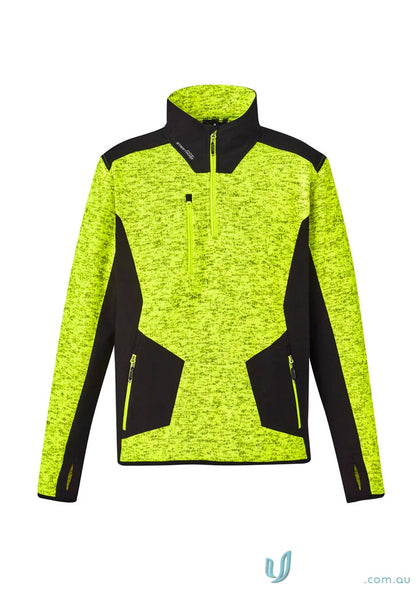 Neon yellow and black zip pullover ZT380 SYZMIK Streetworx reinforced marle knitted fleece