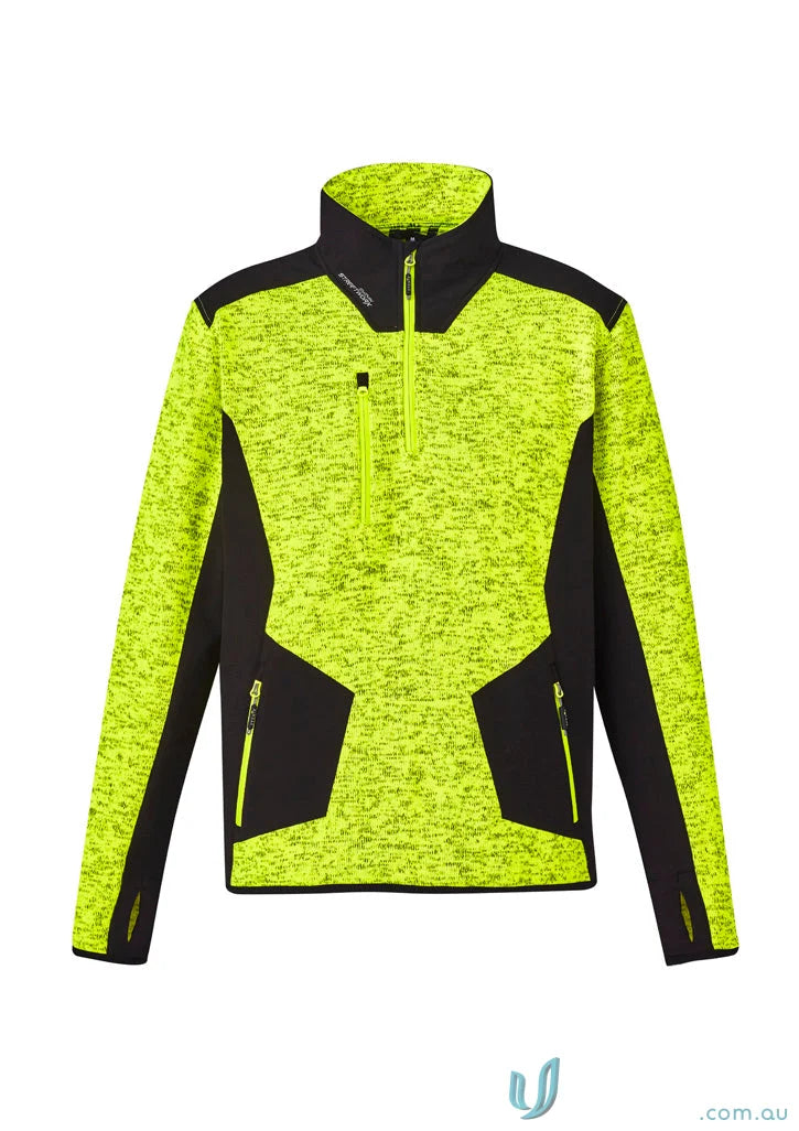 Neon yellow and black zip pullover ZT380 SYZMIK Streetworx reinforced marle knitted fleece