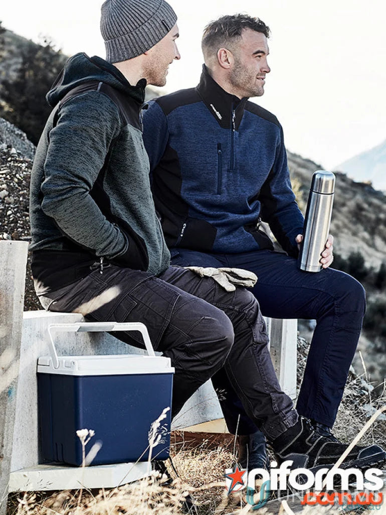 Two men in outdoor gear wearing syzmik streetworx reinforced zip pullover zt380 marle knitted fleece