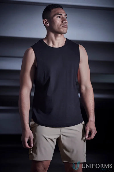 Man in black tank top and khaki shorts wearing Mens Streetworx Sleeveless Tee with drop armholes