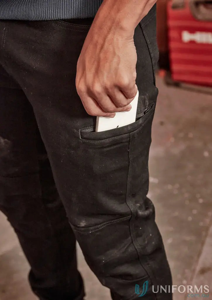 Black streetworx stretch jean work pants with phone in pocket for demand performance