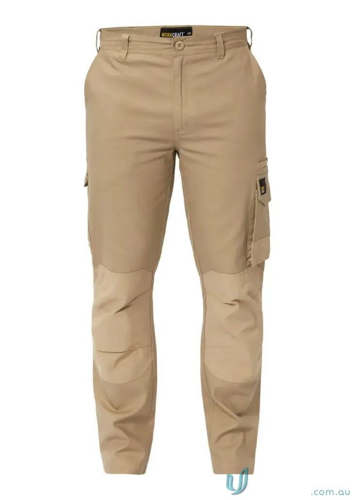 Stretch cargo pants with reinforced stress points and abrasion-resistant patches for durability