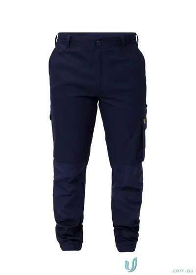 Men’s navy stretch cargo pants with reinforced stress points and elasticized hem
