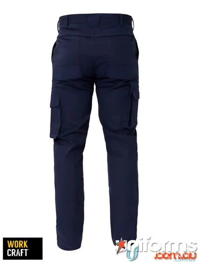 Navy blue stretch cargo pants with cargo pockets, perfect for workwear and uniforms