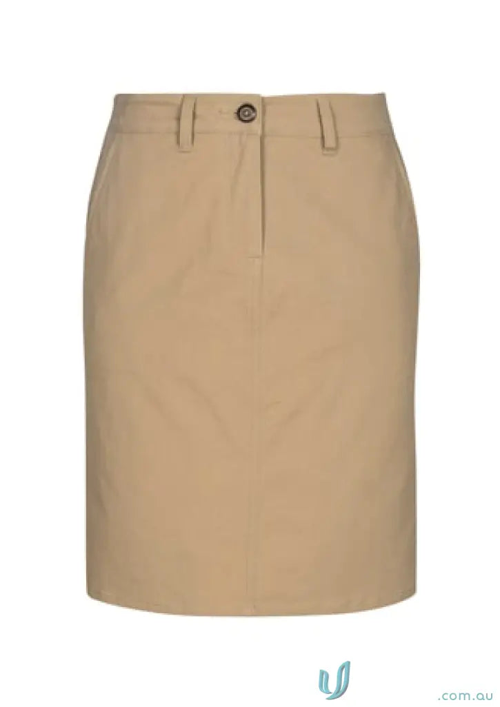 Tan knee-length stretch chino skirt perfect for work uniforms and stylish workwear