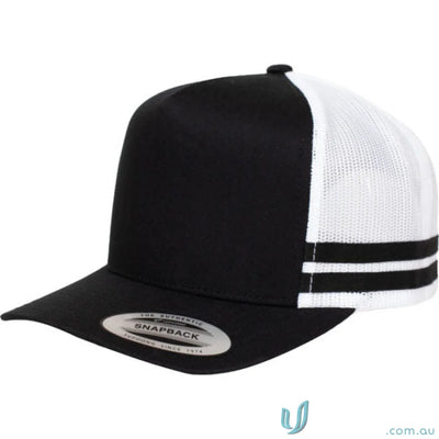 Black and white snapback trucker hat from 6507 Stripe Trucker Cap, perfect workwear accessory