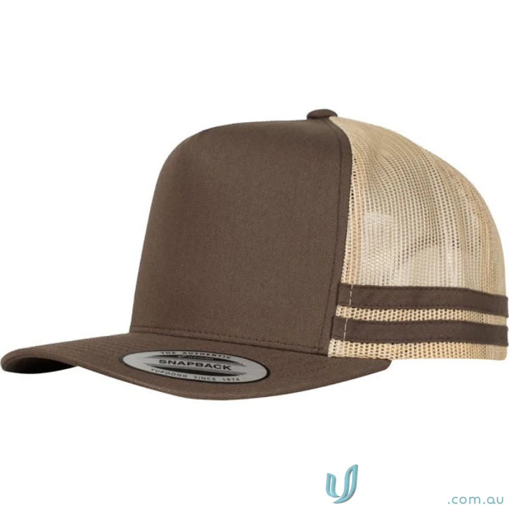 Brown and tan trucker hat perfect for workwear or uniforms, style 6507 Stripe Cap