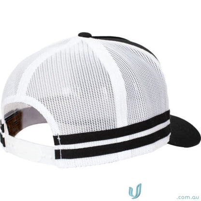 Black and white mesh baseball cap perfect for uniforms or workwear from 6507 Stripe Trucker Cap