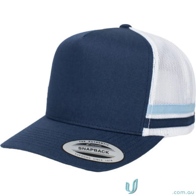 Navy and white trucker hat from 6507 Stripe Trucker Cap, perfect for workwear or uniforms