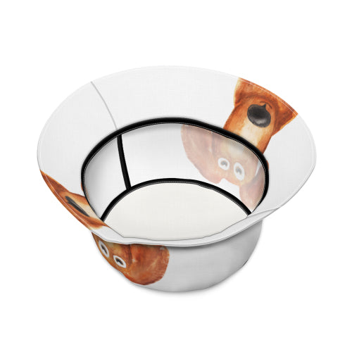 White cartoon dog sublimated bucket hat bowl design