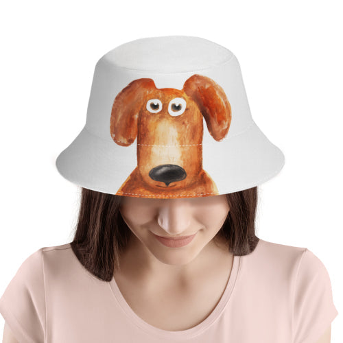 White sublimated bucket hat with cute brown dog for beach days