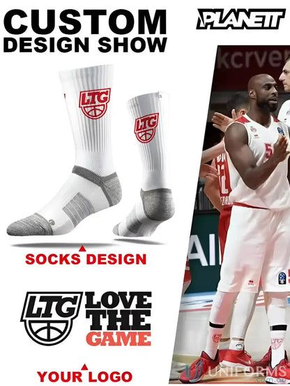 Basketball socks advertisement for Sublimated Sports Socks, perfect for custom sports gear