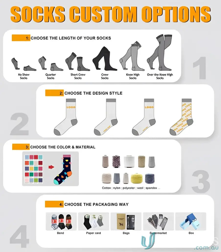 Custom sports socks options chart for Sublimated Sports Socks, perfect for custom sports gear