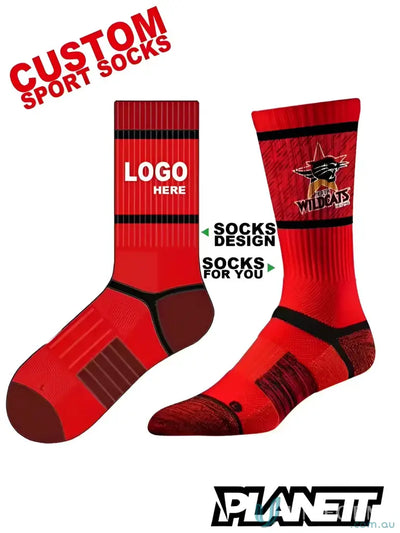 Customizable red sports socks for athletes, perfect as custom sports gear