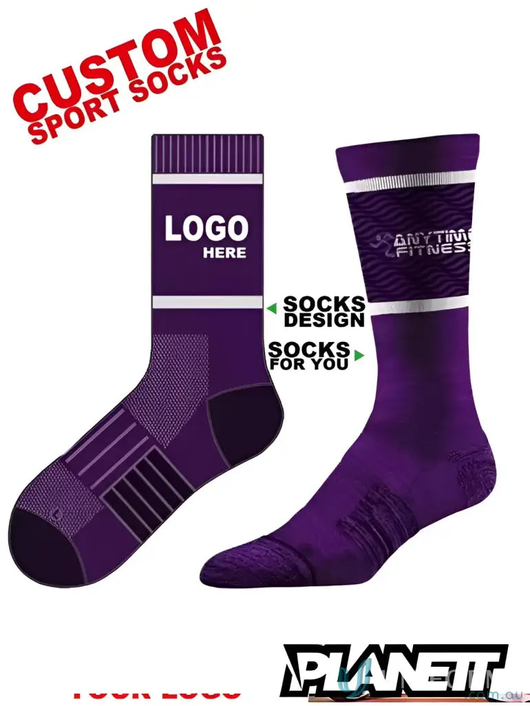 Purple custom sports socks featured in Sublimated Sports Socks collection for your game