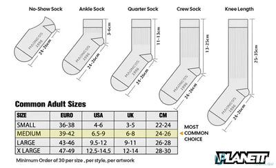 Sock size chart for Sublimated Sports Socks and custom sports socks sizing guide