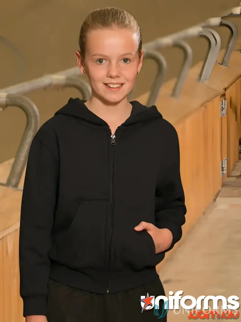 Kids Double Bay zip hoodie showing a black hooded sweatshirt with a winning spirit