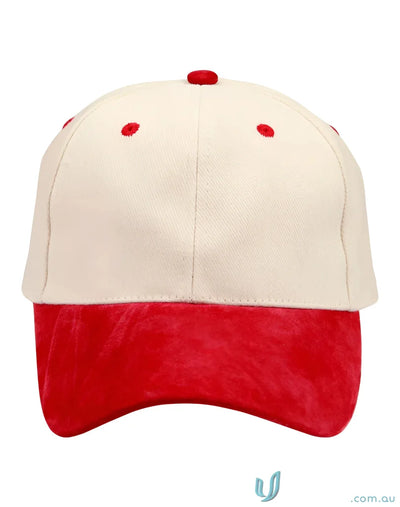 Cream and red Suede Peak Cap from the Winning Spirit Suede collection, perfect for style
