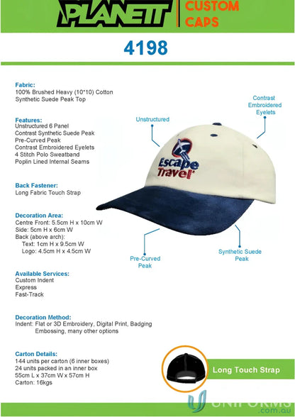 Two-tone Suede Peak Cap with embroidered logo and wide inch measurement for stylish fit