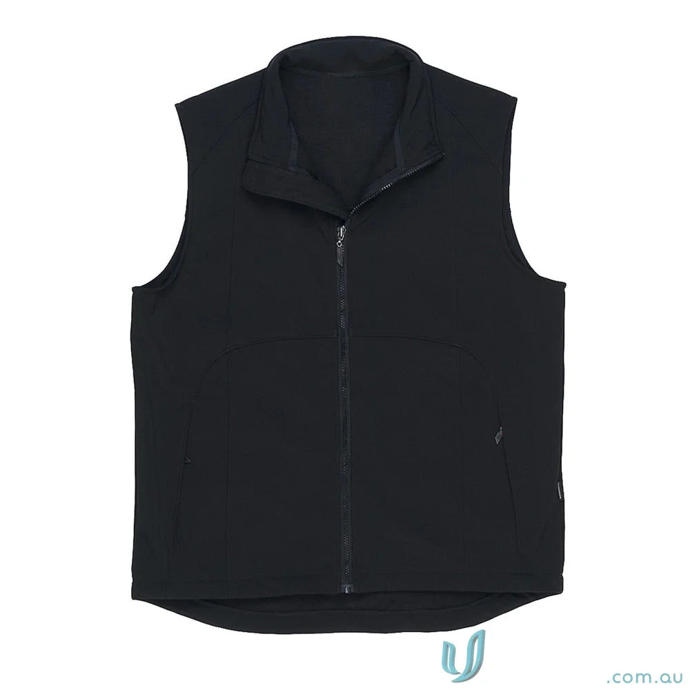 Black Summit Vest with tapered fit, sleeveless design, stand collar, and zip pockets
