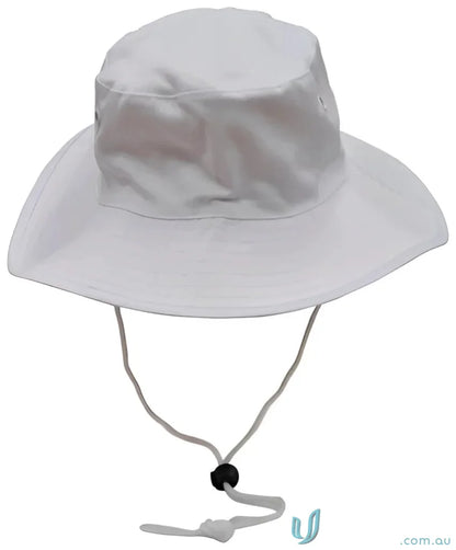 White h1035 surf hat with spirit surf hat break-away strap and chin strap for sun protection