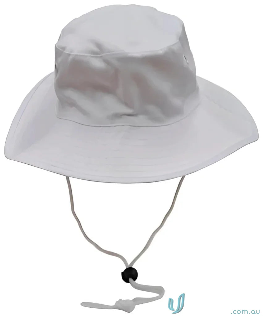 White h1035 surf hat with spirit surf hat break-away strap and chin strap for sun protection